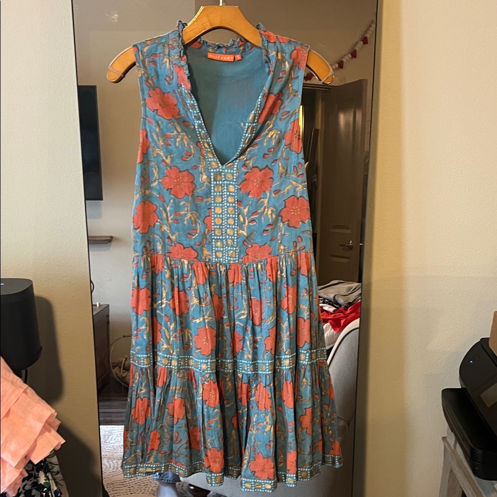 Oliphant Blue Floral V-Neck Tiered Mini Dress with Coral Blooms